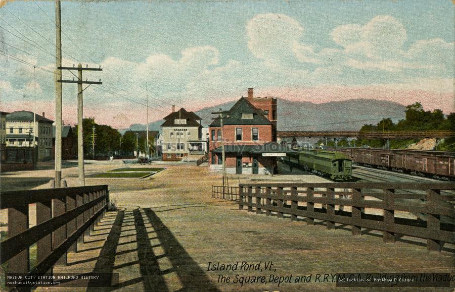 Postcard: Island Pond, Vermont, The Square, Depot, and Railroad YMCA Building from the Viaduct